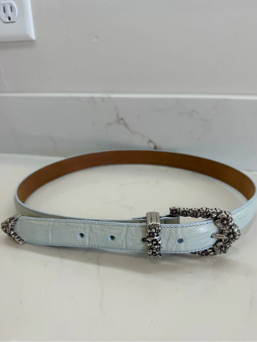 Vintage Brighton Blue Leather Western Floral Buckle Belt Size Med Large